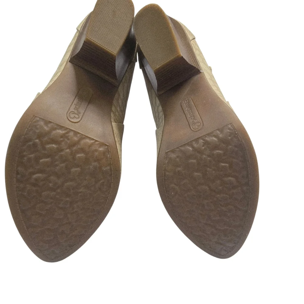 Beige snake-patterned Baretraps Lucia booties feature a stacked heel